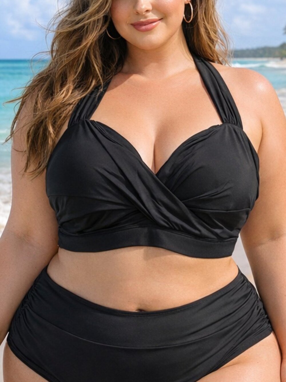NWT Swim By Avenue Halter Bikini Top Twisted Black Plus Size 24W H13572 Top Only